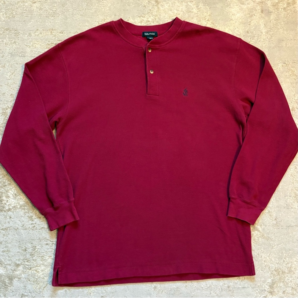 Nautica Men's Burgundy Long Sleeve Waffle Knit Henley Shirt Size Xlarge - Picture 3 of 11